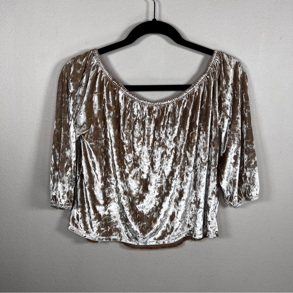 LARGE HOLLISTER BEIGE VELVET BLOUSE OFF SHOULDER PEASANT BOHO STRETCH NEUTRAL - Picture 6 of 10